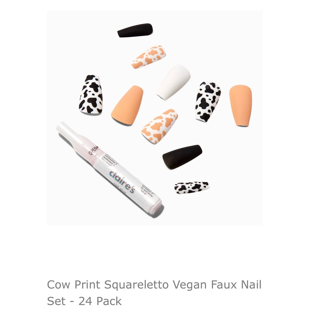 Claire's Cow Print Squareletto Vegan Faux Nail Set -‎ 24 Pack - Women's